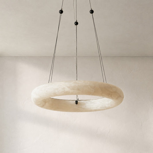 Modern Alabaster and Black Metal Ring Pendant Light, 31.5 Inch