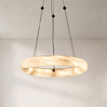 Modern Alabaster and Black Metal Ring Pendant Light, 31.5 Inch