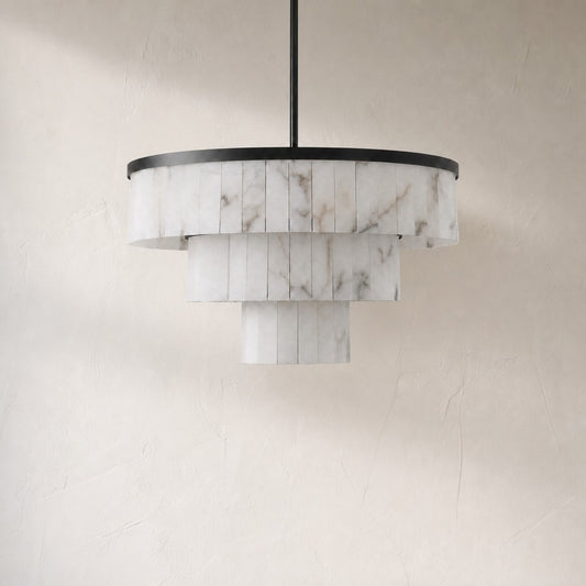 Modern Black Alabaster 3-Tier Round Chandelier, 34.3 inch