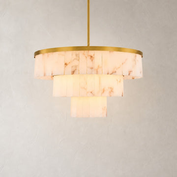 Modern Brass Alabaster 3-Tier Round Chandelier, 34.3 inch
