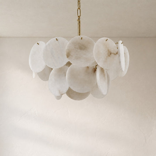 Modern Brass Alabaster 4-Light Round Chandelier, 18 inch