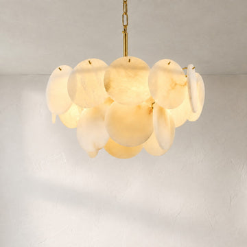 Modern Brass Alabaster 4-Light Round Chandelier, 18 inch