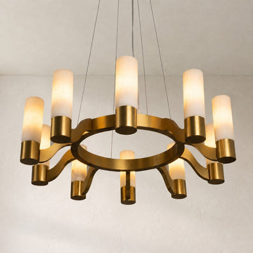Modern Brass Alabaster 8-Light Chandelier, 33.5 Inch