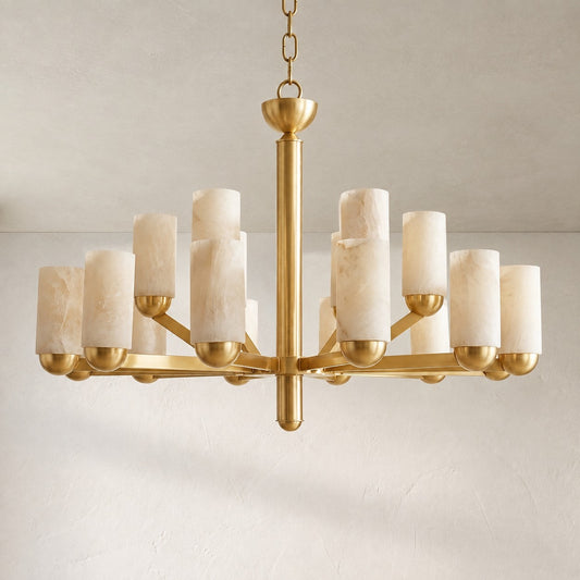 Modern Brass Alabaster Cylinder Pendant Light, 40 inch