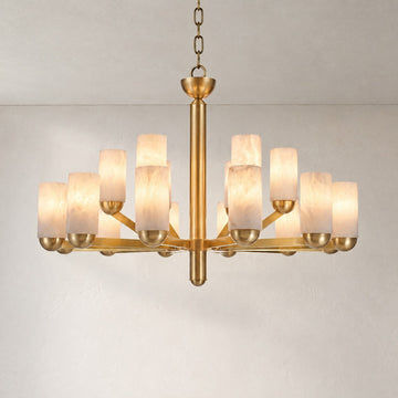 Modern Brass Alabaster Cylinder Pendant Light, 40 inch
