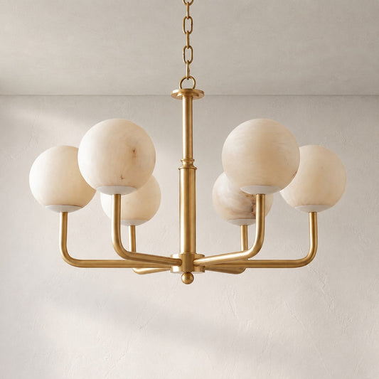 Modern Brass and Alabaster 6-Arm Orb Pendant Light
