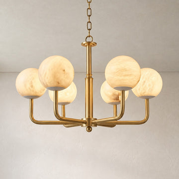 Modern Brass and Alabaster 6-Arm Orb Pendant Light