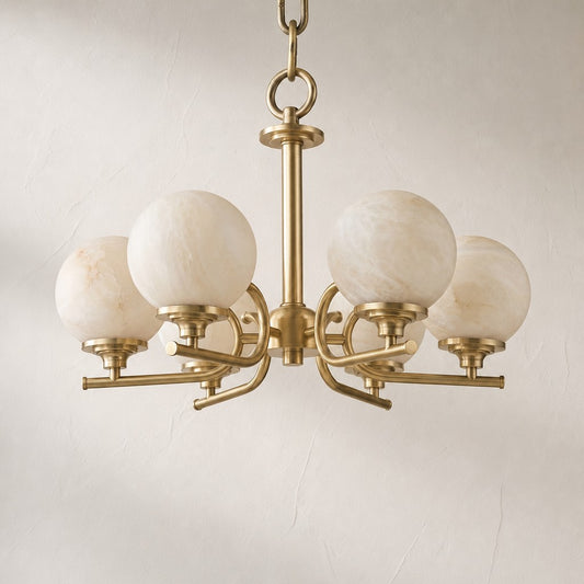 Modern Brass and Alabaster 6-Arm Pendant Light