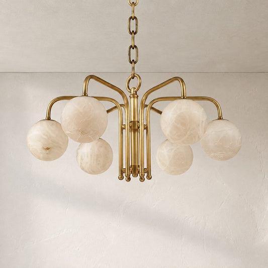 Modern Brass and Alabaster 6-Orb Pendant Light