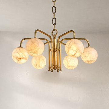 Modern Brass and Alabaster 6-Orb Pendant Light