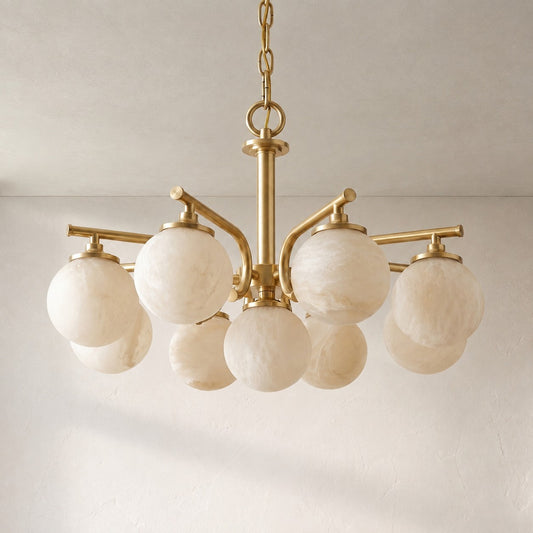 Modern Brass and Alabaster 9-Orb Pendant Light