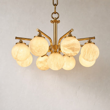 Modern Brass and Alabaster 9-Orb Pendant Light