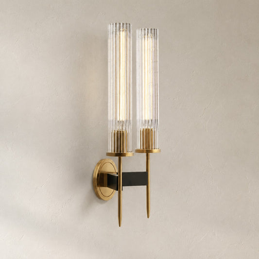Modern Brass and Glass 2-Light Wall Sconce, 16.9 inch