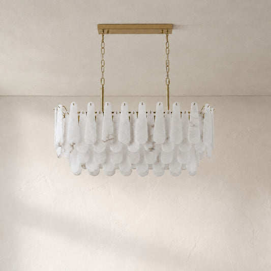 Modern Brushed Brass Marble Oval Chandelier, 39.4 Inch