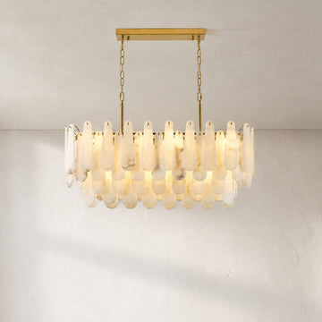 Modern Brushed Brass Marble Oval Chandelier, 39.4 Inch
