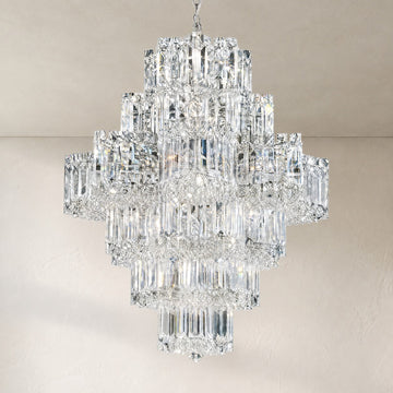 Modern Chrome Steel and Crystal Chandelier