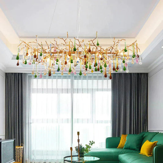 Modern Brass Multicolor Crystal 8-Light Linear Chandelier, 31.5 Inch