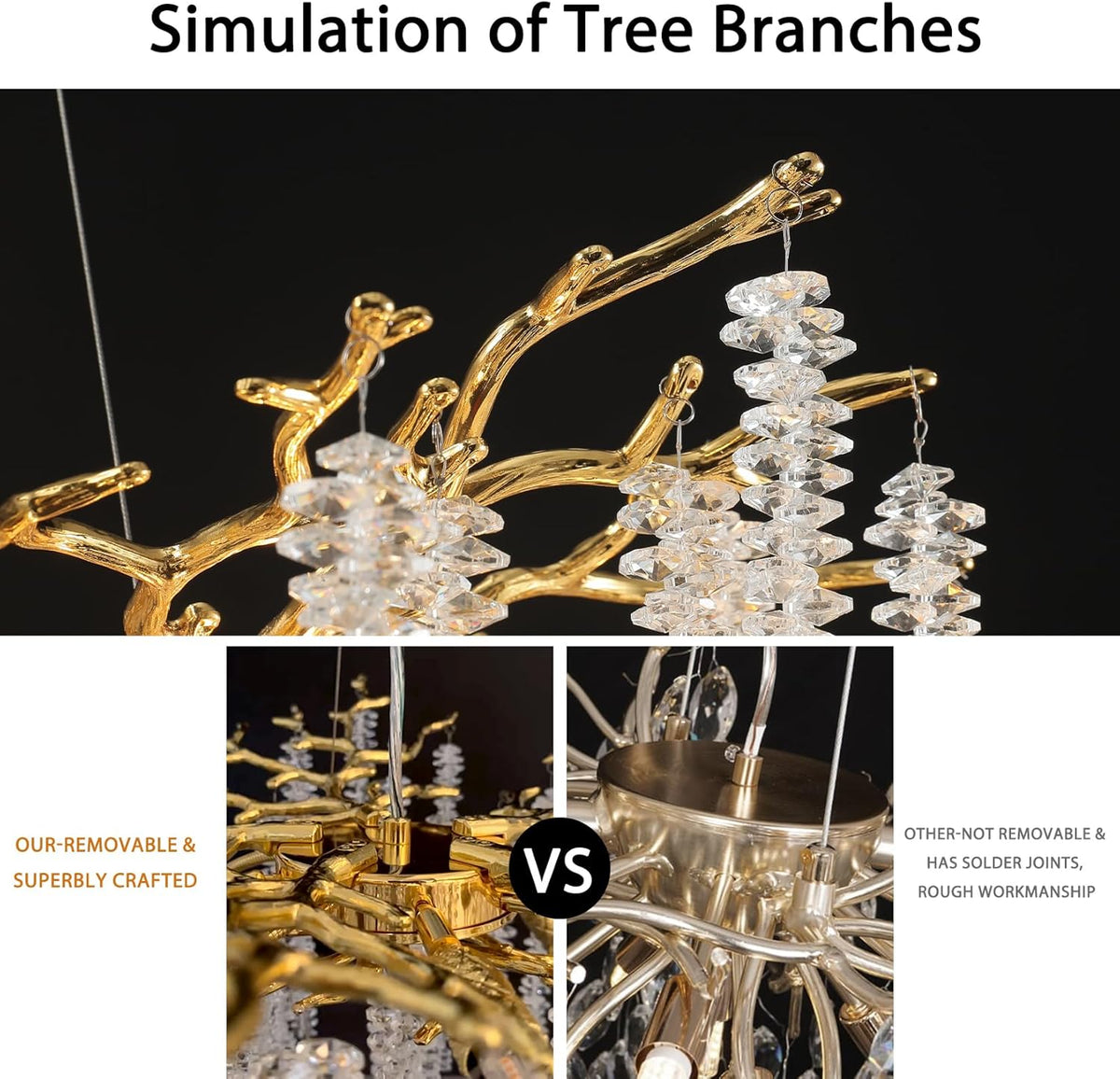 YUYI Modern Crystal Chandelier: 47.2" Gold Tree Branch Pendant Light Fixture