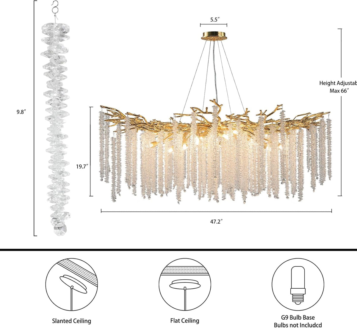 YUYI Modern Crystal Chandelier: 47.2" Gold Tree Branch Pendant Light Fixture