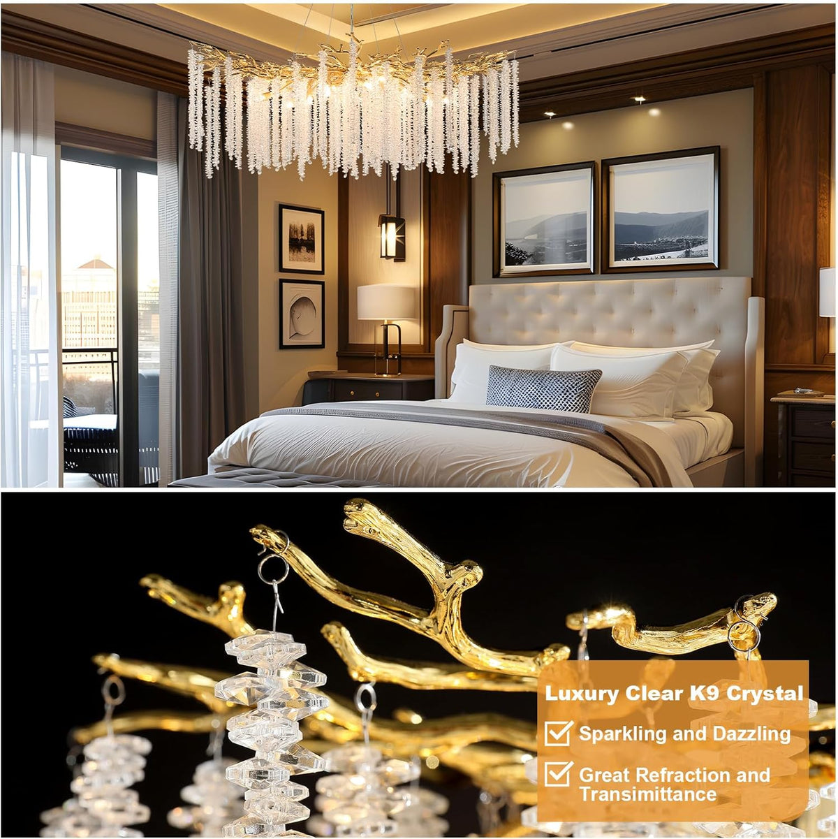 YUYI Modern Crystal Chandelier: 47.2" Gold Tree Branch Pendant Light Fixture