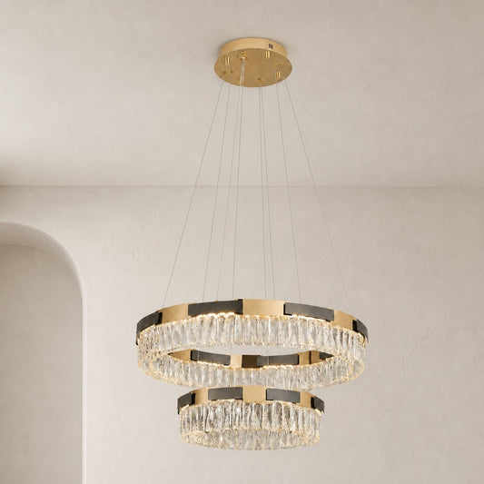 Modern Gold and Crystal Two-Tier Chandelier, 31.5 inch
