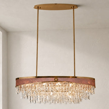Modern Gold Crystal and Stone Rectangular Chandelier