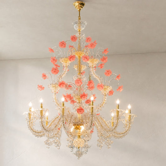 Rococo Pink Crystal 12-Light Branch Chandelier, 47.24 Inch