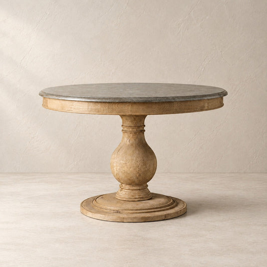 Round Pine Base Dining Table with Marble Slab
