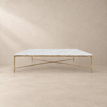 Square Hammered Metal and Marble Coffee Table
