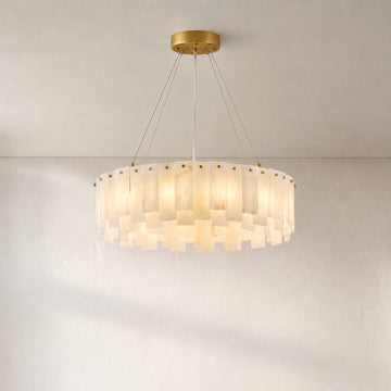 Staggered Alabaster Slice Drum Chandelier, 23.6 Inch
