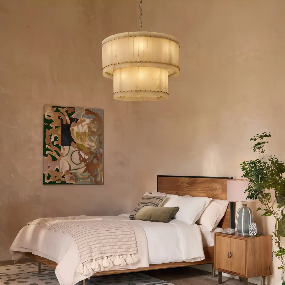 Sun Marco Alabaster Round Tiered Chandelier-37"-Brass-Lamer Lighting