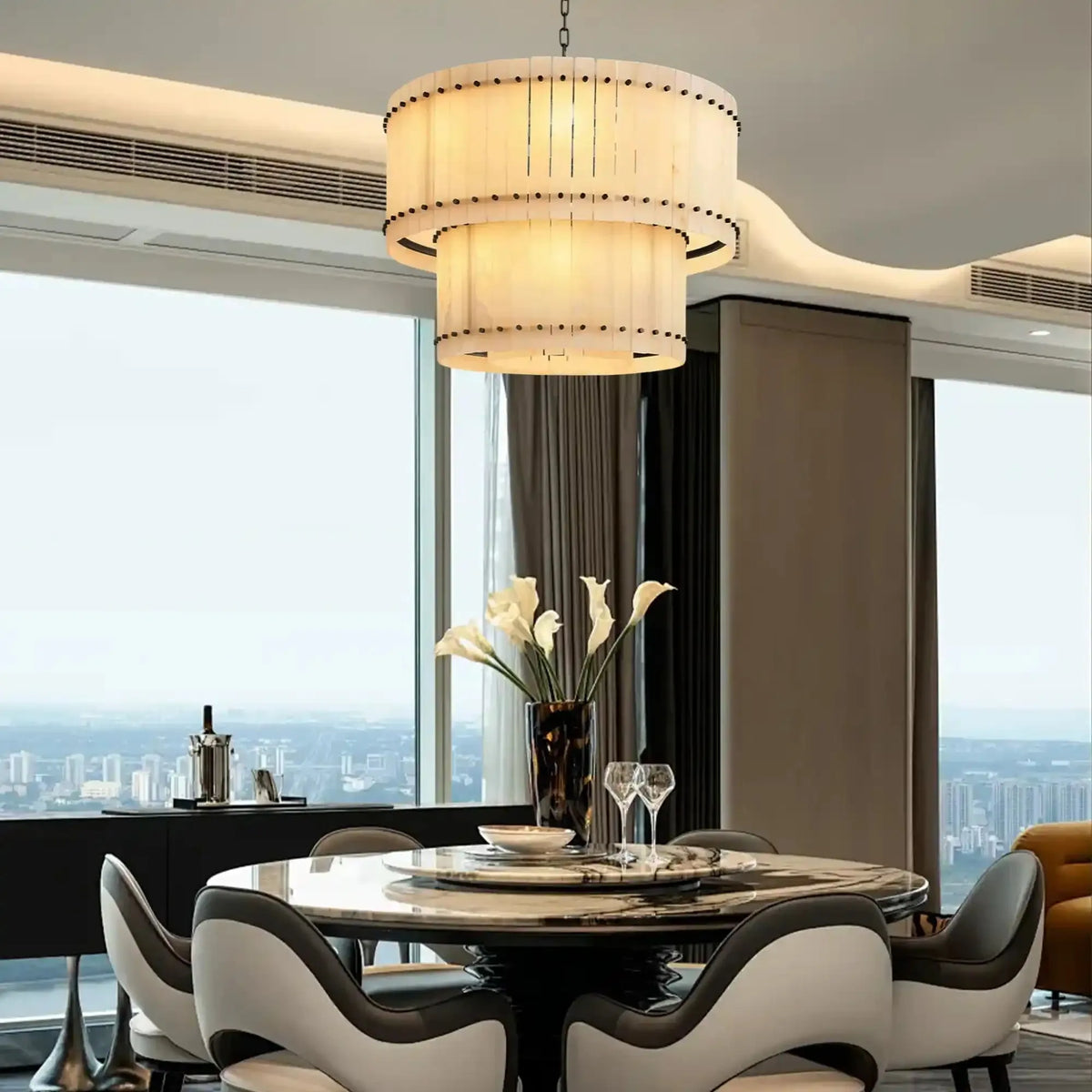 Sun Marco Alabaster Round Tiered Chandelier-Lamer Lighting