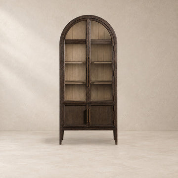 Tall Oak Display Cabinet with Glass Doors