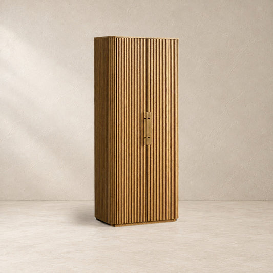 Tall Reeded Oak Storage Cabinet with Doors