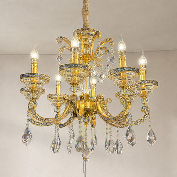 Traditional Brass Abalone Shell 8-Light Crystal Chandelier, 27.95 Inch