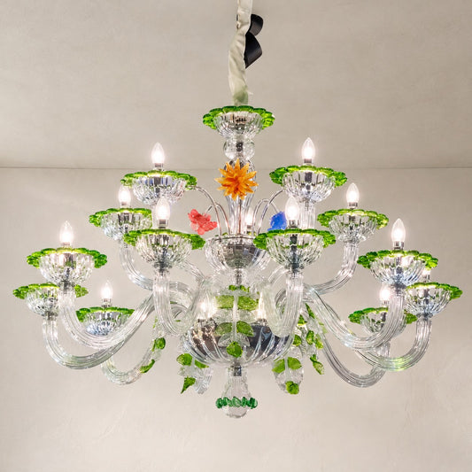Traditional Green Trim Crystal 15-Light Candle Chandelier, 43.31 Inch