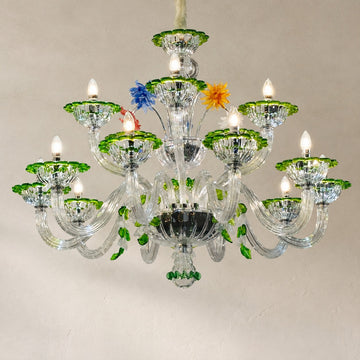Traditional Green Trim Crystal 15-Light Candle Chandelier, 43.31 Inch