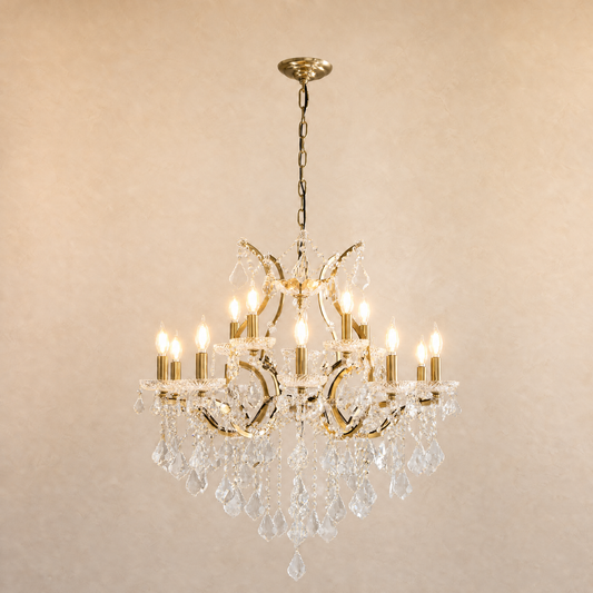Traditional Brushed Brass Crystal 15-Light Chandelier, 30.7 inch