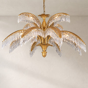 Vintage Brass Crystal Palm Chandelier, 35.4 Inch