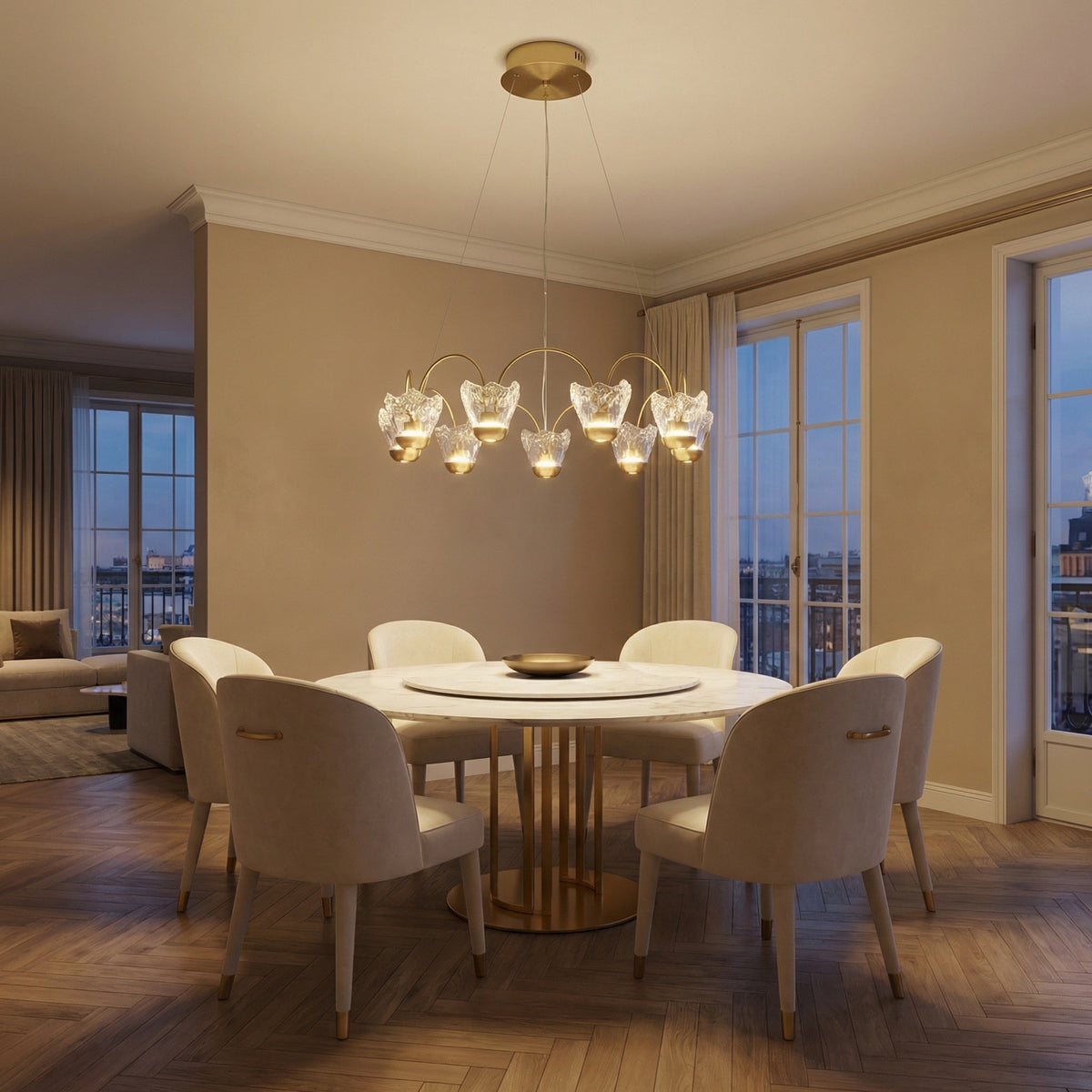 Contemporary Chandelier Dining Room in gold