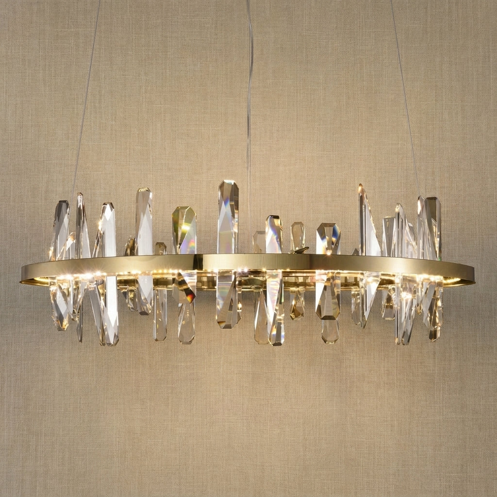 Yiosi 24 inch crystal chandelier with clear faceted crystals and champagne gold ring — modern dining pendant