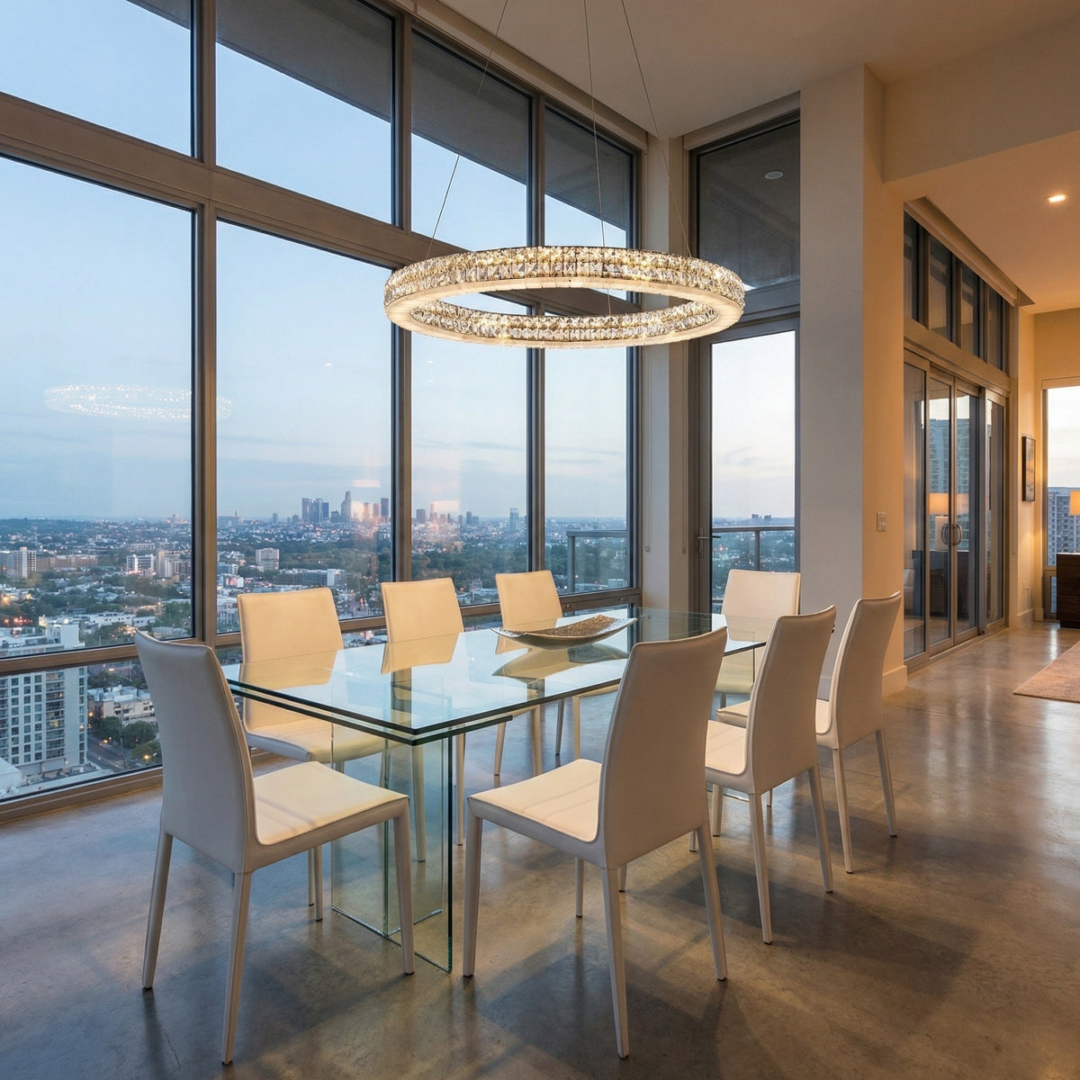 31 inch crystal & alabaster ring pendant over kitchen island — Yiosi Vera chrome chandelier