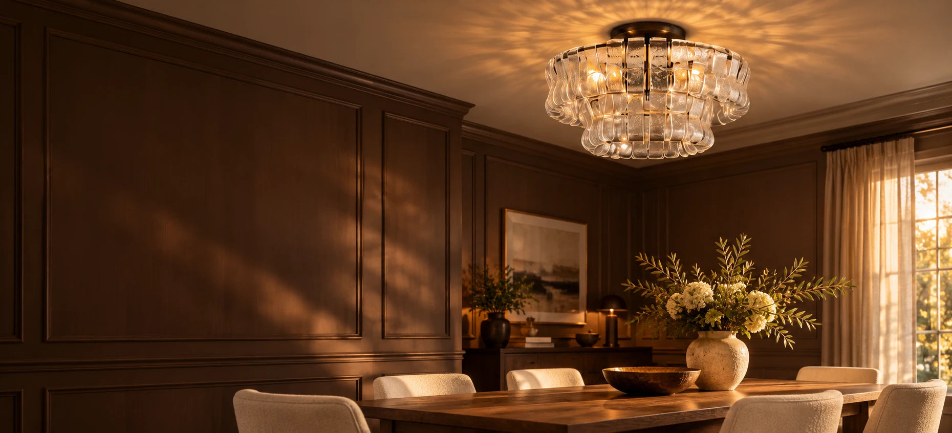 Lamer Lighting rippled glass flushmount in a warm walnut dining room